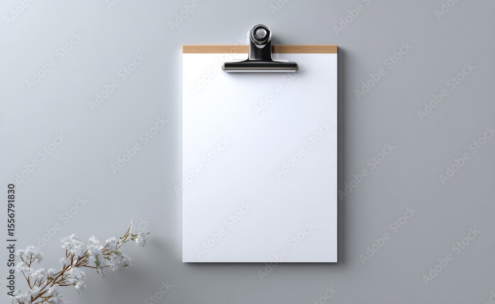 Poster blank clipboard with metal clamp on a light gray wall surface with a sprig of white flowers in the c