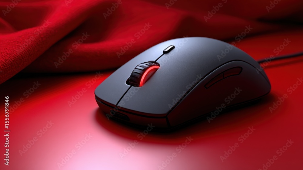 Poster close-up of a modern ergonomic computer mouse with red accents and scroll wheel on smooth glowing re