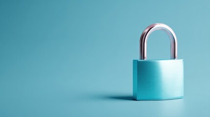 Naklejka premium Close-up of a blue padlock with metallic shackle on solid light blue background symbolizing security protection and safety