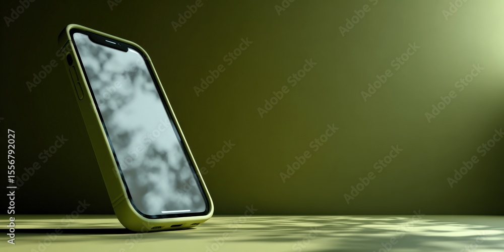Poster Modern smartphone with reflective screen and sleek black and green design placed on a smooth surface with blurred green background