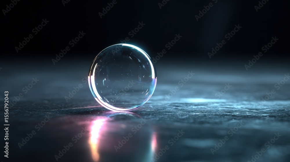 Poster Brightly illuminated glass sphere glowing on dark reflective surface with light reflections and bokeh effects for high-tech futuristic design