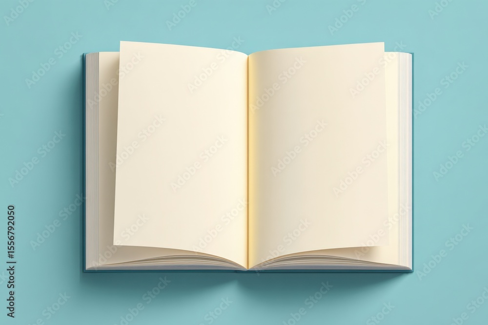 Poster Open blank notebook with cream-colored pages and a yellow spine on a solid blue background suitable for writing, journaling, or note-taking concepts