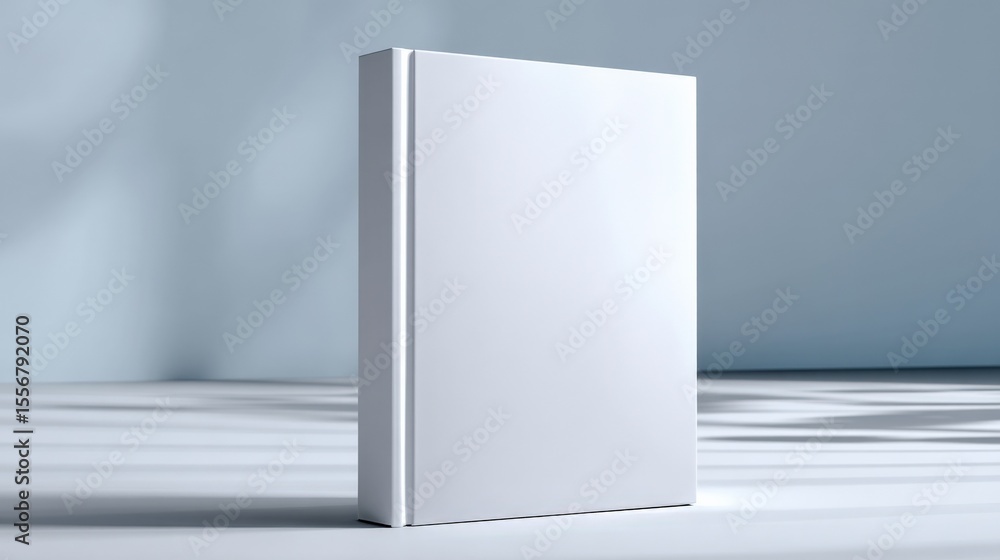 Poster Modern minimalist white blank hardcover book standing upright on a clean surface with soft shadow and subtle background lighting for design templates