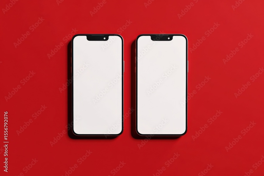Poster two modern smartphones with large screens and slim bezels placed side by side on a bright red backgr