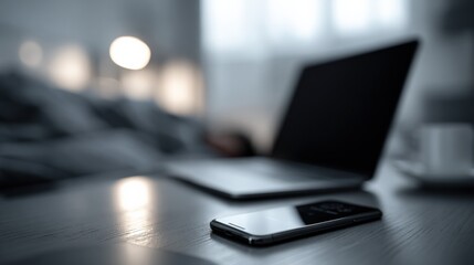 Modern workspace with sleek laptop smartphone and coffee cup on wooden desk in contemporary office environment with blurred background