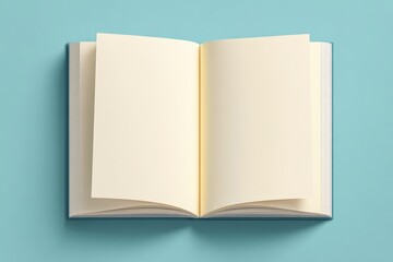 Open blank notebook with cream-colored pages and a yellow spine on a solid blue background suitable for writing, journaling, or note-taking concepts