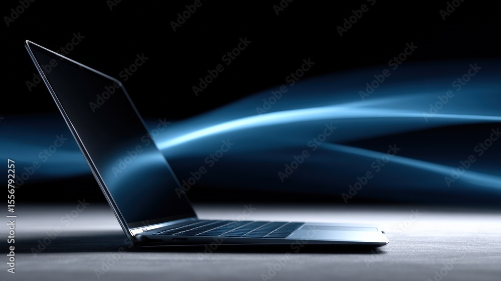 Poster Sleek modern laptop with illuminated keyboard and glowing blue light trails illustrating advanced digital technology and innovation in a futuristic setting