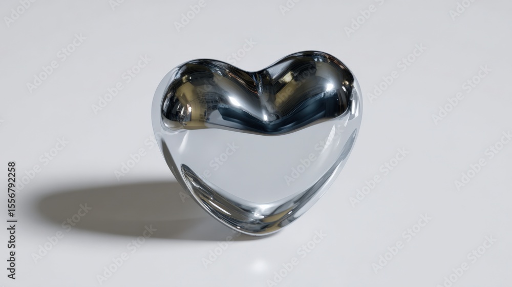 Poster shiny transparent glass heart sculpture with reflective surface and soft shadow on plain light gray 