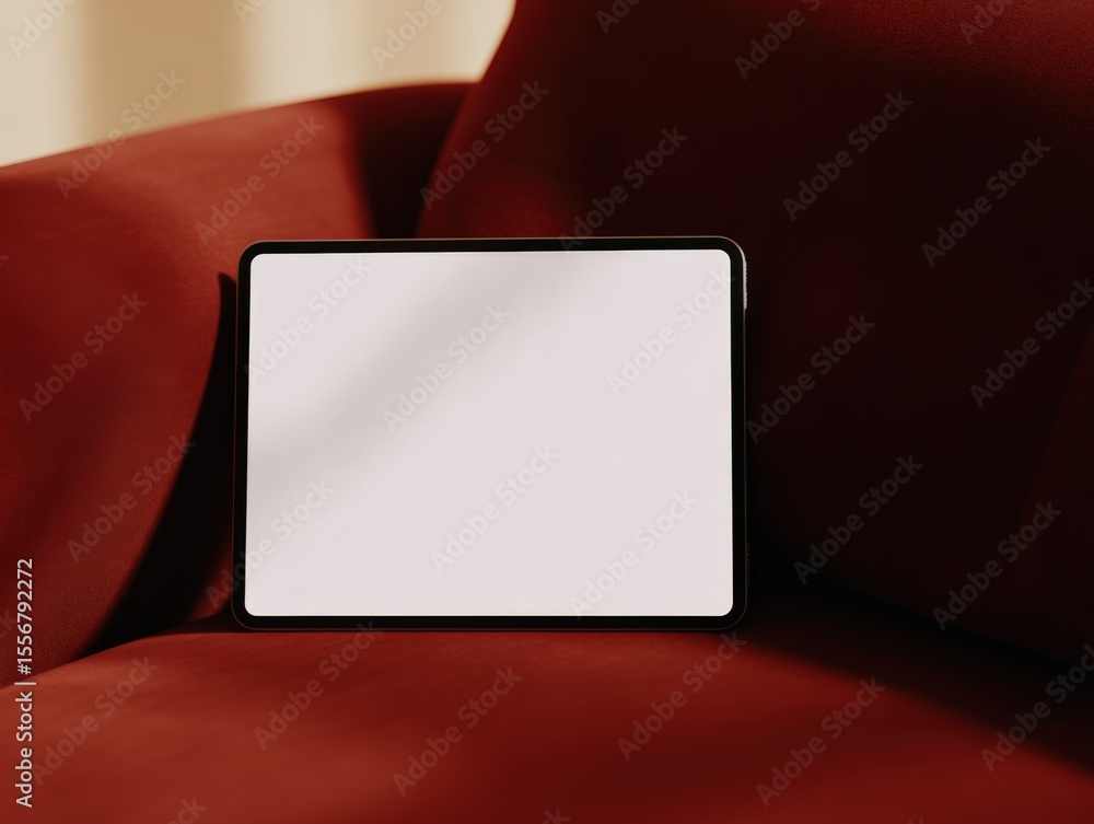 Poster Modern tablet device with blank screen placed on a plush red sofa with soft cushions and warm ambient lighting for technology and lifestyle themes