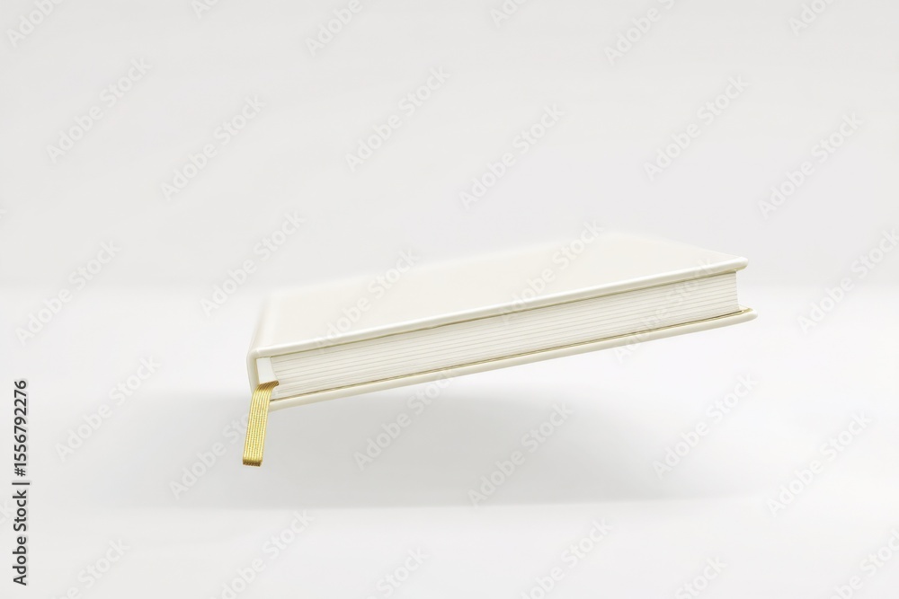 Poster elegant hardcover blank notebook with gold ribbon bookmark lying on a white surface for journaling w