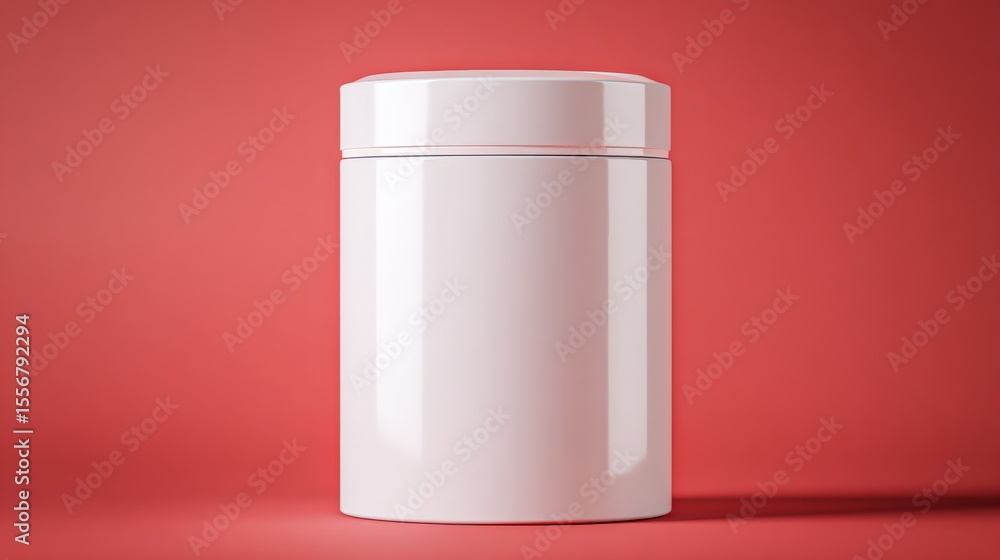 Poster blank cylindrical white container with a smooth surface and rounded lid isolated on pinkish coral ba