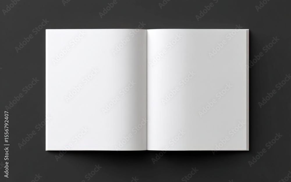 Poster Open blank notebook with white pages on dark gray surface for creative writing sketching or note taking in minimalistic workspace setup