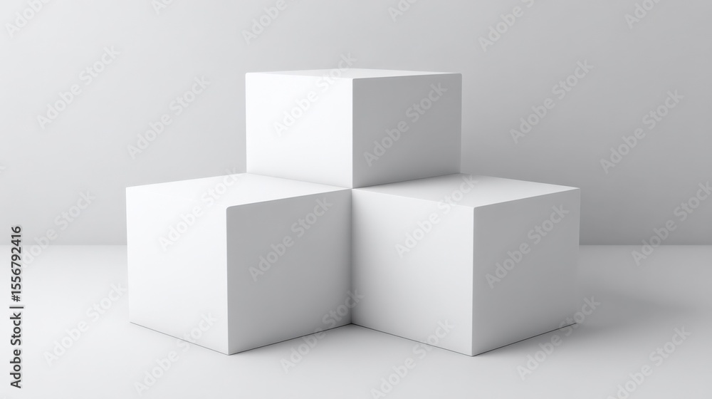 Poster Three white blank stage podiums with different heights on plain gray background for product display or presentation backdrop