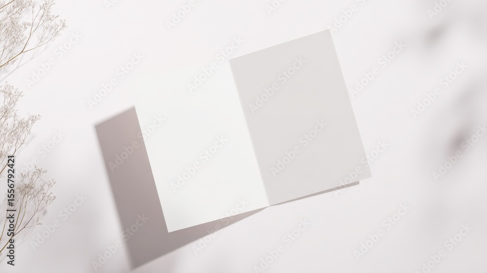 Fototapete Open blank notebook with white pages lying on light background with branches and soft shadows for writing or sketching use in office or home setting