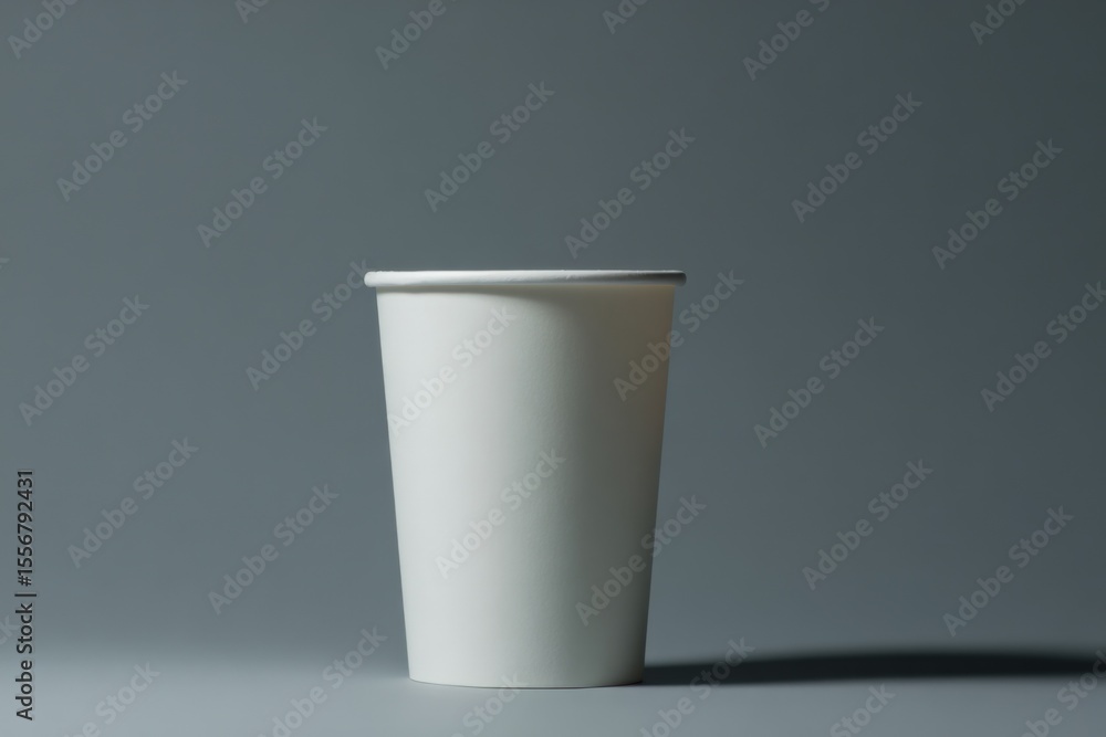 Poster minimalist white paper cup on gray background with shadow, simple office or beverage container mocku