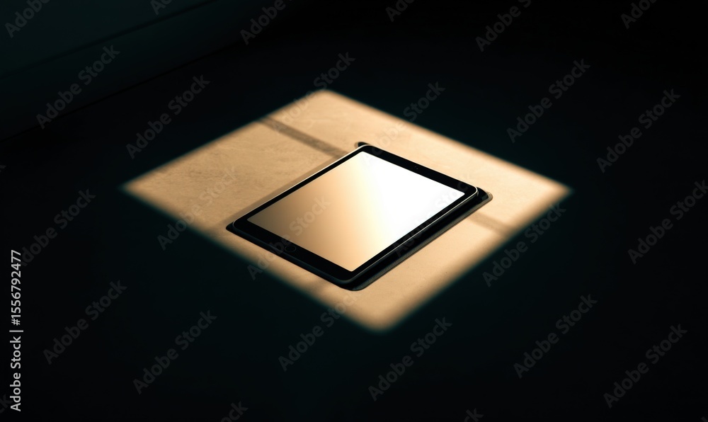 Poster Modern tablet device lying on a surface with a shadow cast in a dark environment illuminated by a focused rectangular light source
