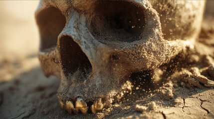 Naklejka premium Close up of a human skull with golden teeth resting on cracked dry earth in a desert setting
