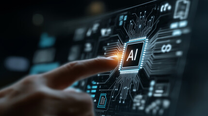 Finger touching ai chip on screen with glowing circuits and digital interface elements around it