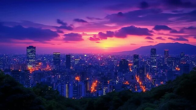 A vibrant city skyline at sunset with highrise buildings illuminated streets and a dramatic sky