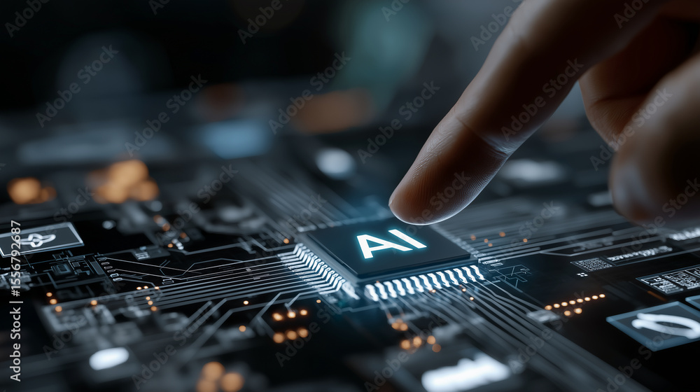 Poster a finger touching a glowing ai chip on a dark circuit board with visible connections and components