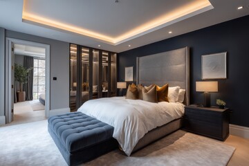 Fototapeta premium luxurious guest bedroom in champagne gold and deep navy, rim lighting creating elegant silhouettes, soft linen textures on