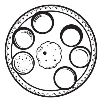 Traditional passover seder plate illustration depicting ritual foods and symbolic items black and white