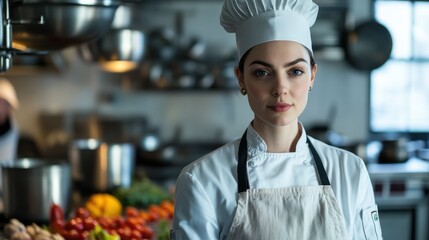 A young European female chef stands confidently in a professional kitchen, surrounded by fresh ingredients, showcasing her dedication to culinary arts and passion for cooking.