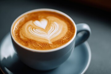 Close-up of freshly brewed cappuccino with heart-shaped latte art on foam
