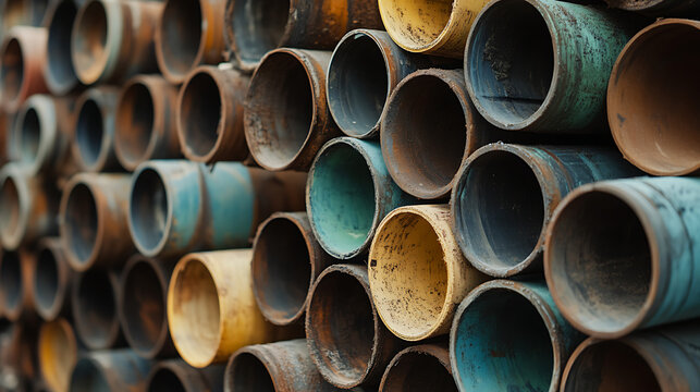 A futuristic industrial scene with neon lights and pipes. The image is a representation of a complex network of pipes and tanks, with a focus on the blue and purple hues