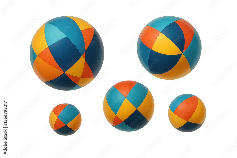 Poster five colorful balls of different sizes floating on a transparent background, perfect for playful and