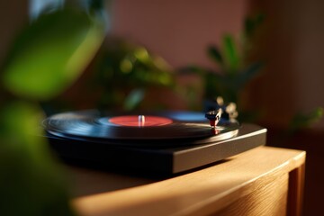 Obraz premium Classic vinyl record spinning on vintage turntable in cozy room