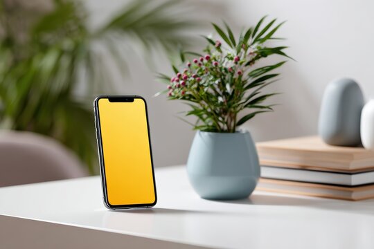 Clean smartphone mockup displaying app interface on modern white desk with minimal decor