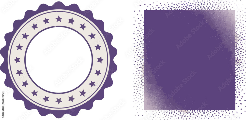Poster purple starburst badge and square halftone frame vector design elements for graphic design projects 