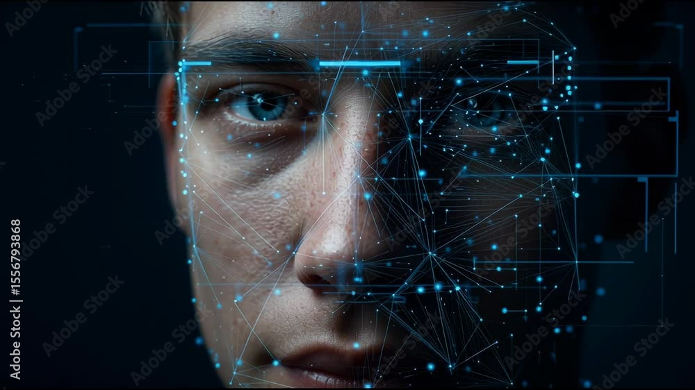 Poster a man's face is shown in a computer generated image