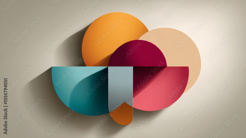 Poster abstract geometric shapes in vibrant colors, overlapping and forming a modern, dynamic design with s