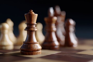 Fototapeta premium Classic wooden chess pieces arranged on checkerboard with soft lighting