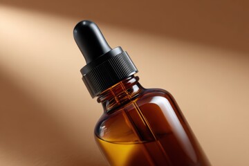 Elegant product label mockup on amber glass bottle with black dropper cap
