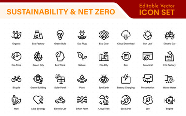 Set of sustainability and Net Zero, environmental, ecological, recyling, green, organic, industry thin line icons. Linear ecology simple symbol collection.