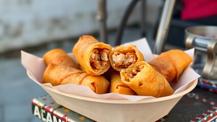 Deep-fried spring rolls cut in half, showing filling, served in a paper basket on a weathered street cart – evening light