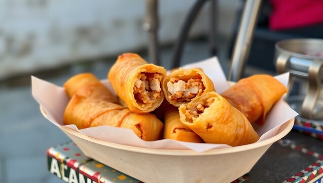 Deep-fried spring rolls cut in half, showing filling, served in a paper basket on a weathered street cart – evening light
