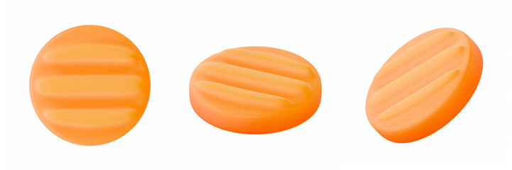 stylized3D render of three carrot slices in different angles on white background. Bright, glossy, orange fruit illustration perfect for healthy food and organic fruit concepts.