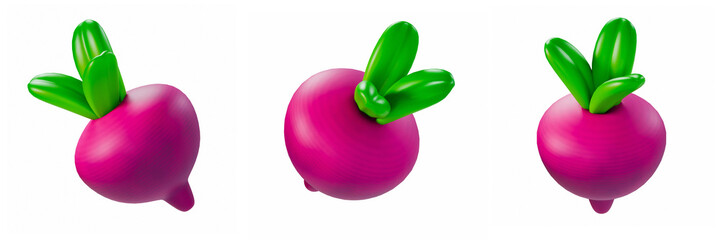 stylized 3D render of three beets in different angles on white background. Bright, glossy, purple fruit illustration perfect for healthy food and organic vegetable concepts.