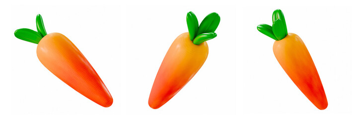 stylized 3D render of three carrots in different angles on white background. Bright, glossy, yellow-orange fruit illustration perfect for healthy food and organic fruit concepts.