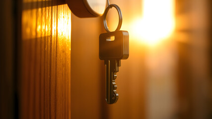 Close up of a single metal key hanging from a keyring against a warm golden blurred background with light flares and a wooden door frame