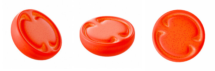 stylized 3D render of three tomato slices in different angles on white background. Bright, glossy, red fruit illustration perfect for healthy food and organic vegetable concepts.