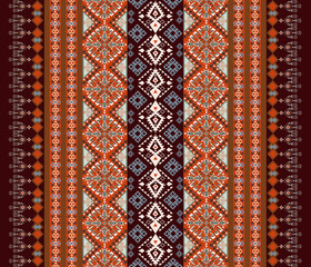 Abstract geometric fabric art, ethnic, geometric style, vertical full fabric pattern, dark brown, pastel purple, orange for textile, cloth, dress, curtain, carpet, pillow