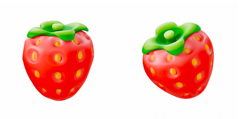 stylized 3D render of two strawberries in different angles on white background. Bright, glossy, red fruit illustration perfect for healthy food and organic vegetable concepts.