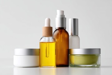 A neat row of skincare products including bottles and jars with a clean white backdrop