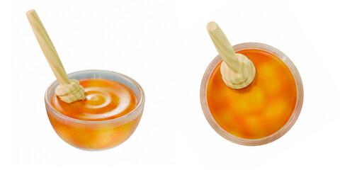 stylized 3D render of two honey bowls in different angles on white background. Bright, glossy, orange sweet illustration perfect for healthy food and organic food concepts.