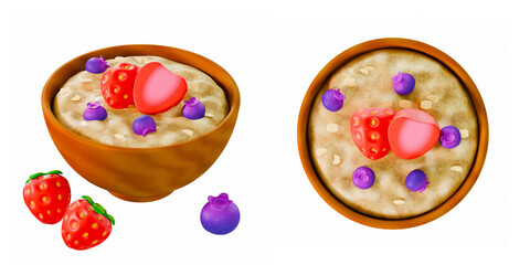 Colorful digital illustration of a healthy oatmeal breakfast with fresh strawberries and blueberries in a rustic bowl, perfect for promoting nutritious morning meals and food concepts.